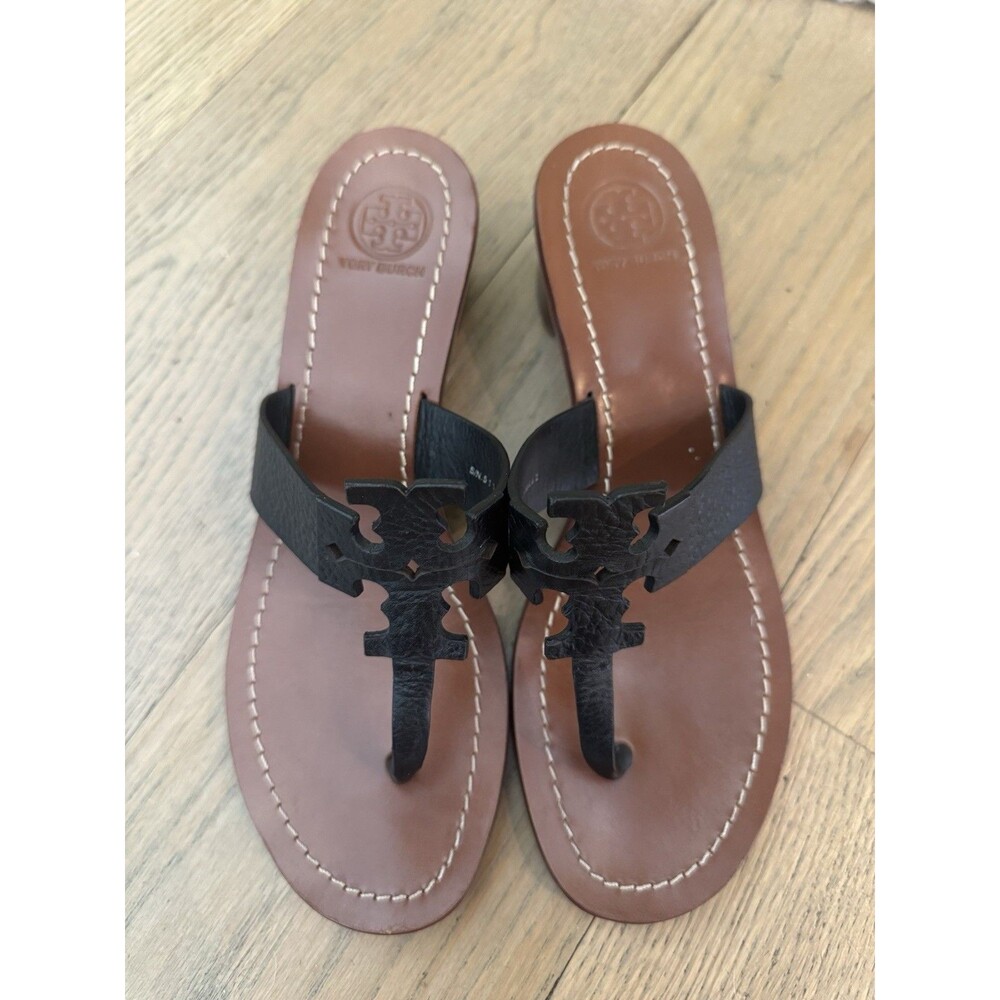 Tory Burch Moore Block Heel Black Leather Thong Sandals - Size 8M - Excellent